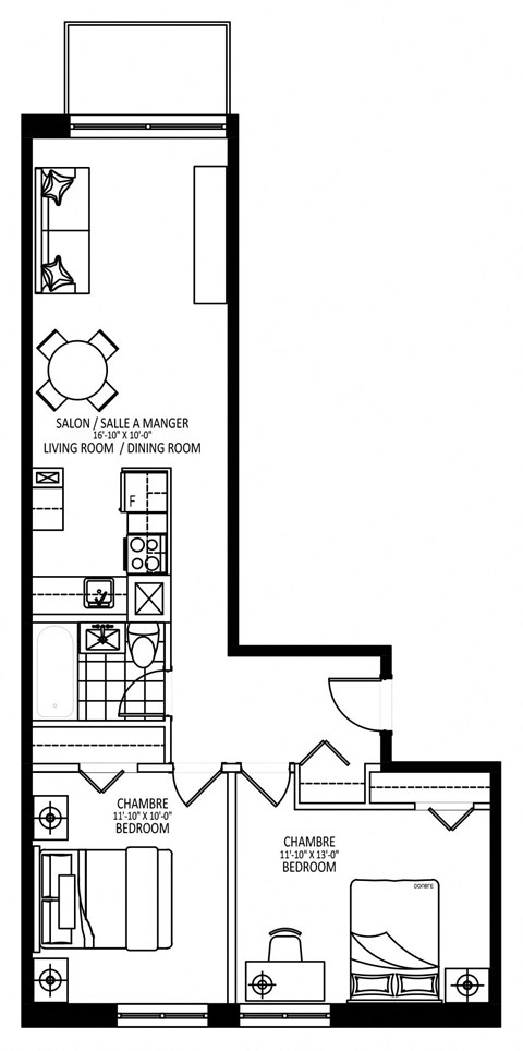Floor plan for 2 beds, 1 bath, 713 sqft